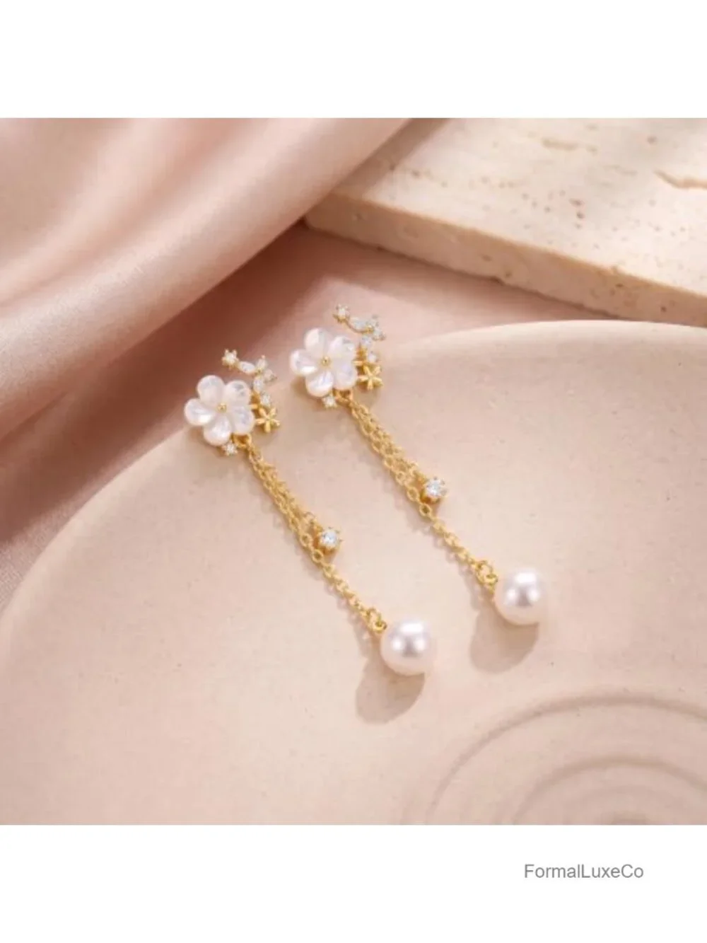 Dainty Flower Pearl Dangle Earrings Drop Long Chain 14K Gold Plated Cubic